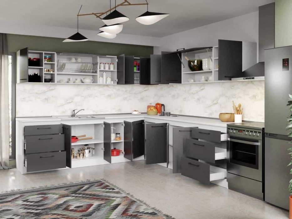 Set Mobila Bucatarie Colt Mina Grafit 280*280 Gri Antracit – C92