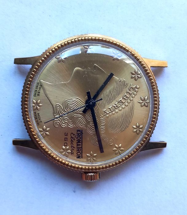 ceas KRONATRON Electra 360 ,Model RAR, Swiss Made , reprezentand capul Statuii Libertatii din America, placar cu aur