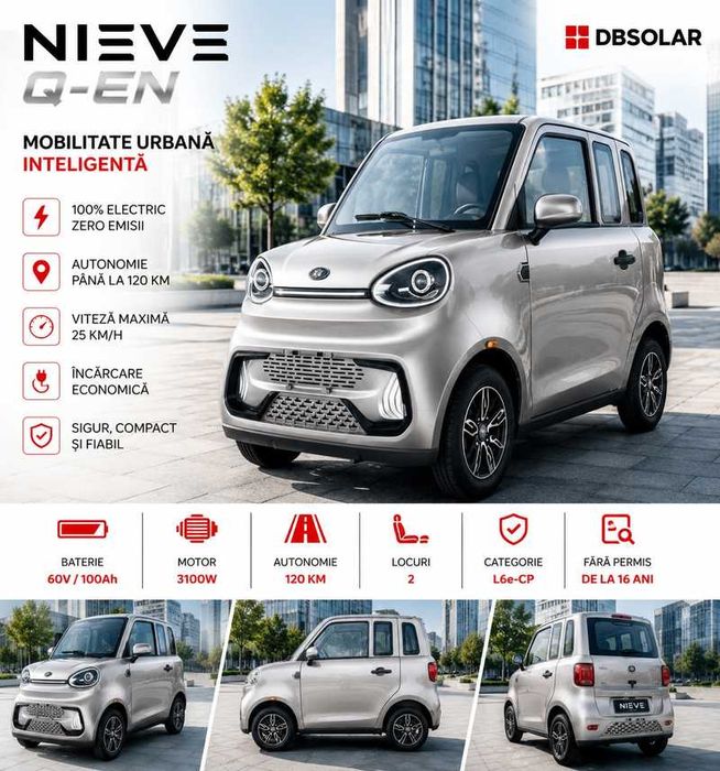 Mașină Electrică Fără Permis NIEVE Q-EN Gri, Baterie LITHIUM 100Ah, 120 Km Autonomie, Motor 3100W, 2 Locuri, Viteză 25 Km/h
