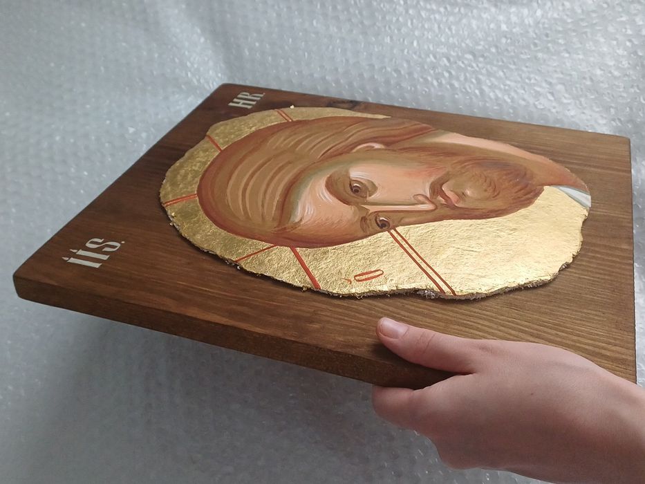 Frescă pictată,  Iisus Hristos, pe panou de lemn, aur 22K