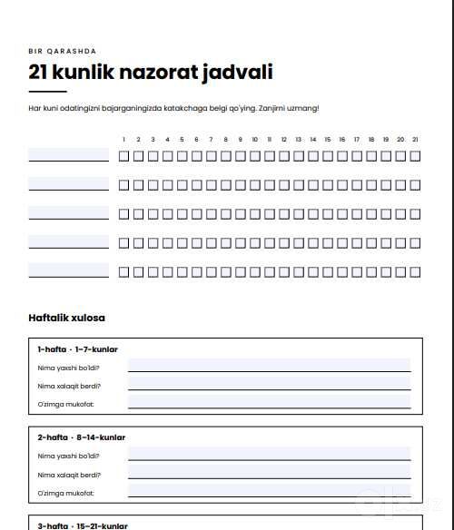 Odat daftari - 21 kunlik reja | reja, namoz, shukronalik