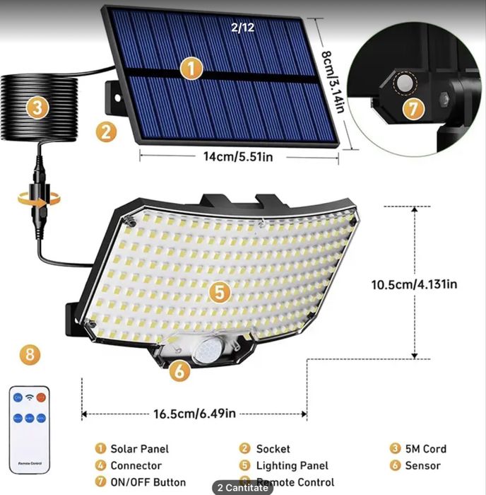 2 Bucăți lampă solară cu senzor de mișcare și telecomandă/ 2 bucăți .