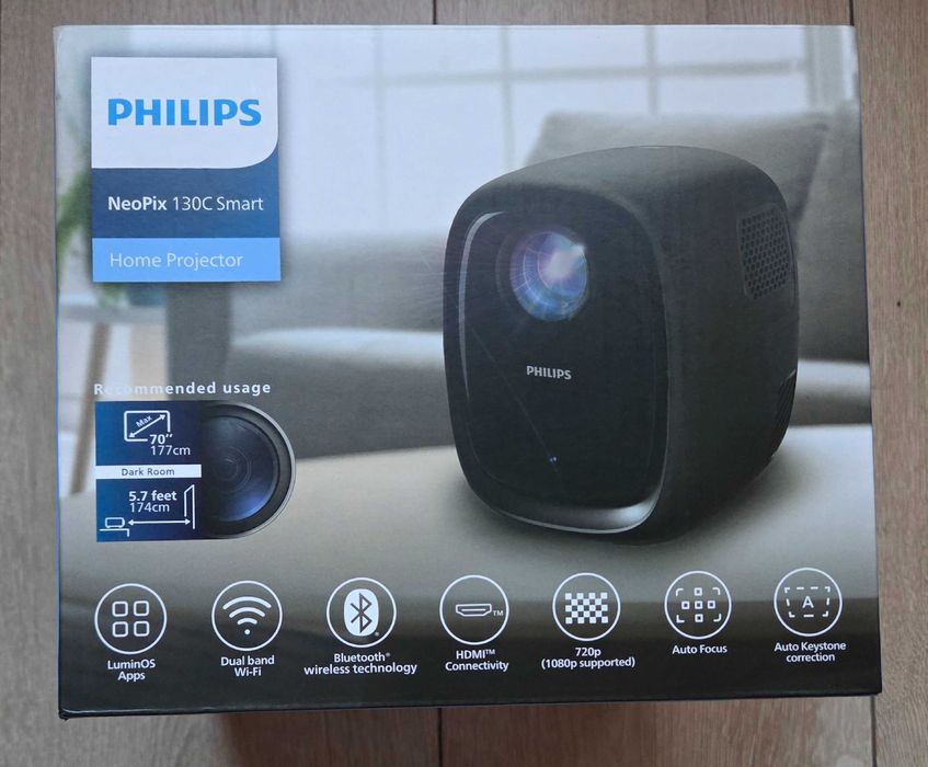 Videoproiector Philips NeoPix 130 Smart, 120 Lumeni, True HD 1280 x 720, HDMI, Wi-Fi, Negru - NOU (sigilat)