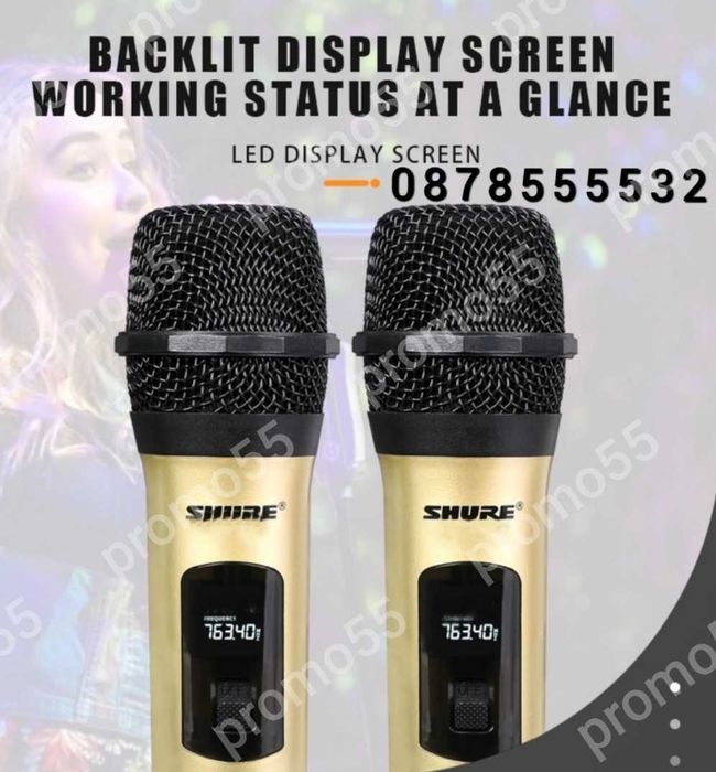 Професионални микрофони–2бр. безжични,Метална решетка, 6.35 мм,USB
