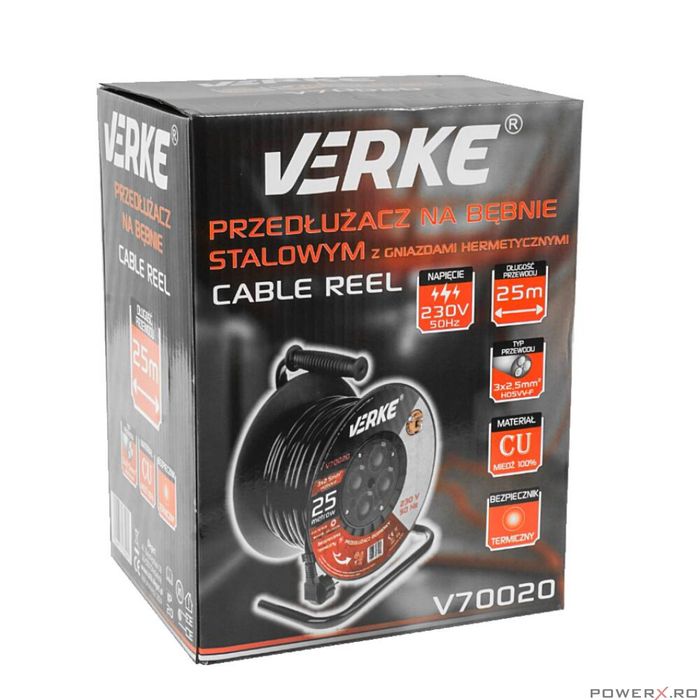 Rola prelungitor cablu cu cadru metalic 25 metri 3 x 2,5 mm Verke