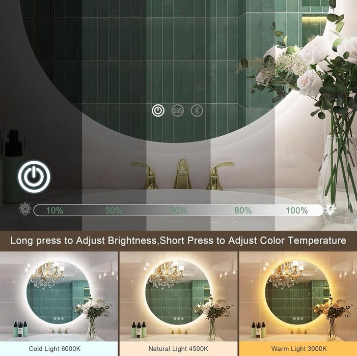 Кръгло LED огледало за баня Ф60/80 см, bluetooth обезпотяване дървесна