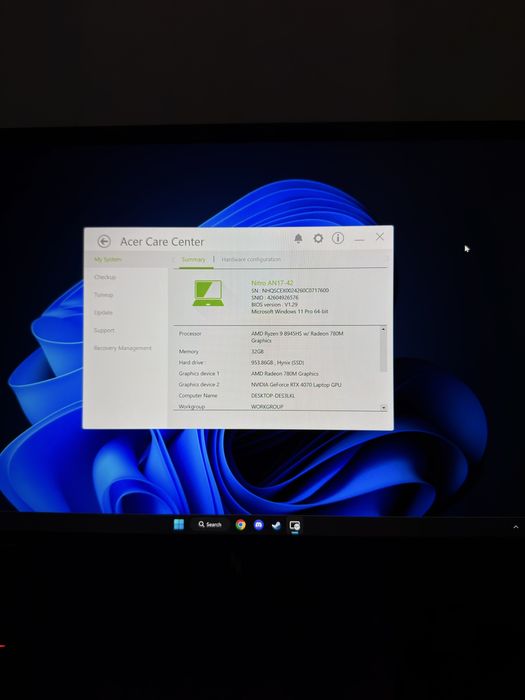 Acer Nitro 17- Ryzen 9 8945HS, RTX 4070, 32GB RAM , 1TB SSD