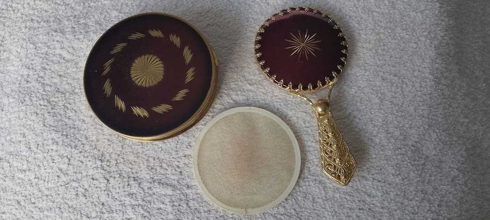 Set vechi Pudrieră și Oglindă poșetă - grena cu auriu