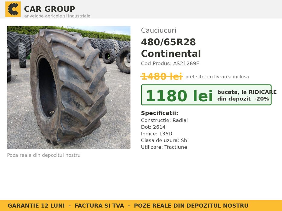 Anvelope Cauciucuri 480/65R28 480/65 R28 480/65-28 4806528 Continental Tractor Punte Fata Utilaje Agricole SH Second Hand IEFTIN Garantie 1 An