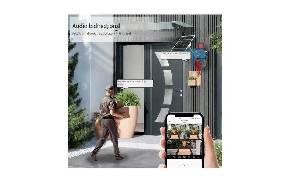 Cameră de supraveghere 4G cu panou solar, 4 camere, zoom optic 10X, detecție umană PIR