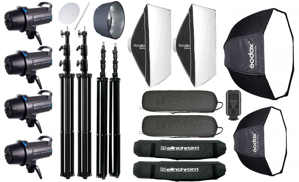 Kit full studio foto - 4 blitzuri Elinchrom, softboxuri, stative, trigger, huse