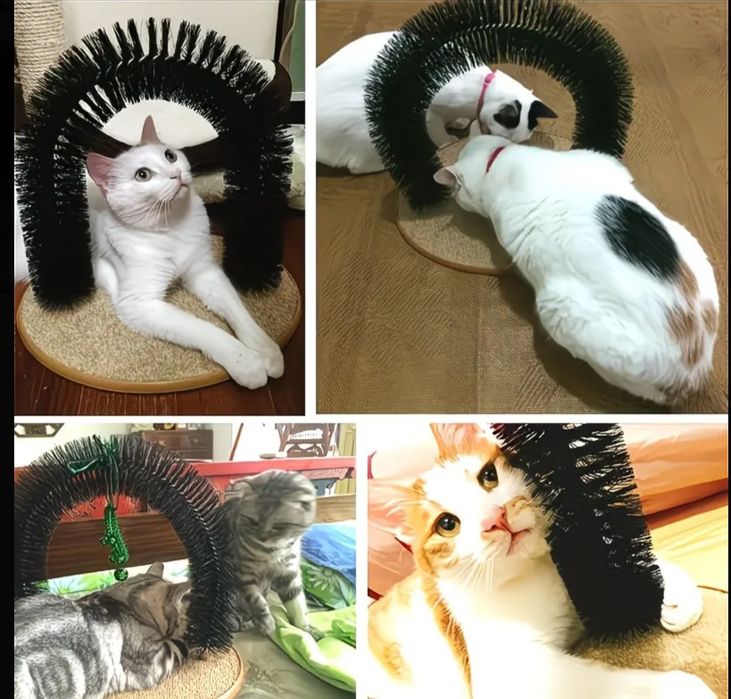 Арка за груминг на котки с четка за драскане и висяща играчка мишка