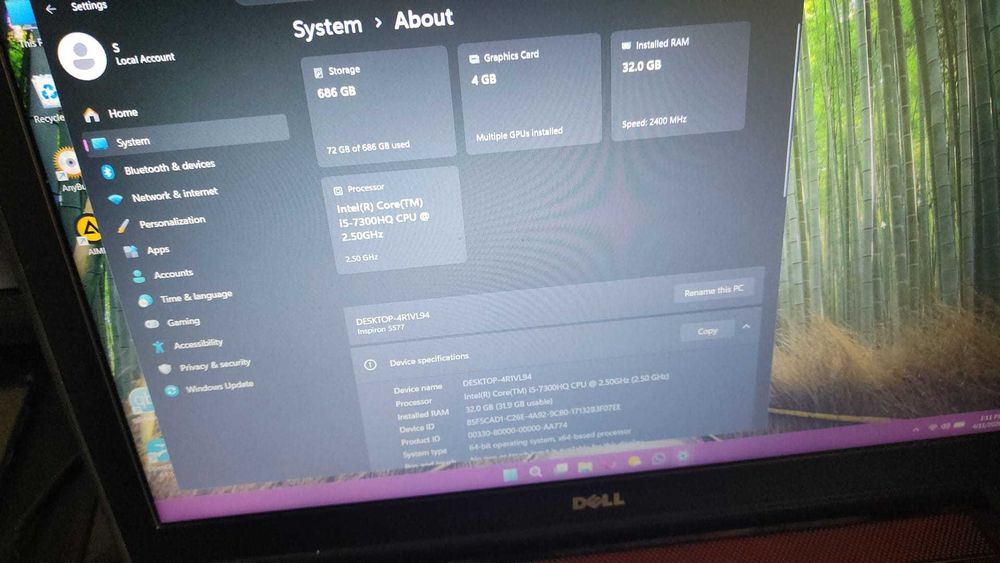 Laptop Dell Inspirion i5 -32 gb RAM,  placa video 4 gb 1050 gb