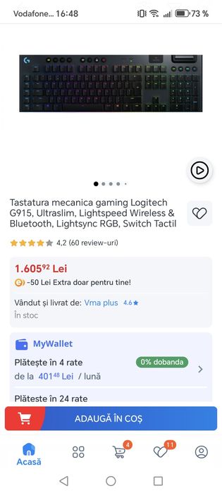 Tastatura mecanica gaming Logitech G915, Ultraslim, Lightspeed Wireles