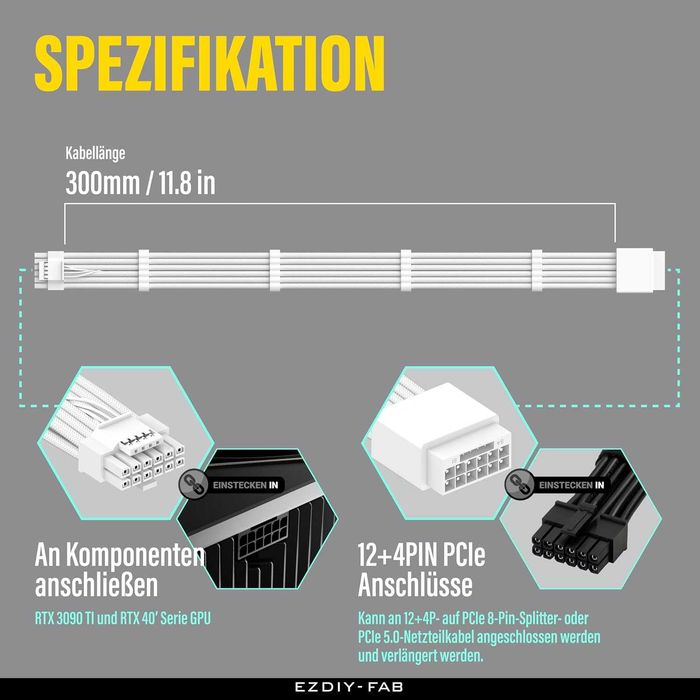 Cablu extensie EZDIY-FAB cu 16 pini (12+4) 12VHPWR PCIe 5.0 GPU