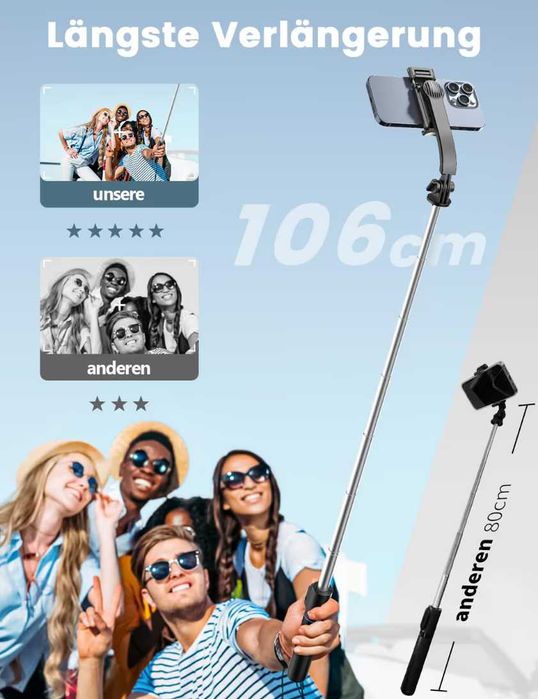 Stick selfie cu suport detașabil pentru telefon 106 cm, negru