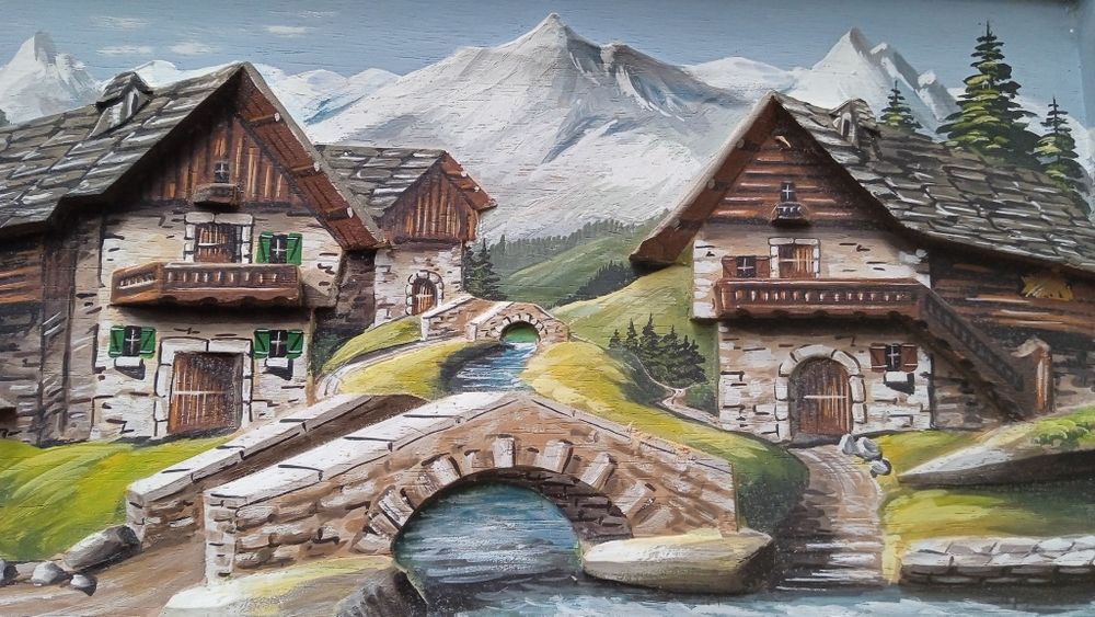 Tablou din lemn in relief 3D pictat/exacutat manual, peisaj din Alpi