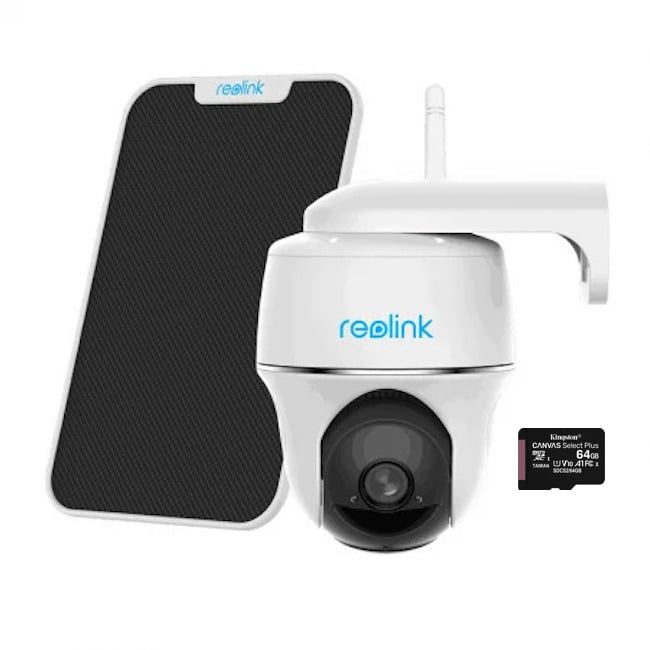 Pachet camera Reolink Argus PT Ultra, Panou Solar si Card SD 64 GB