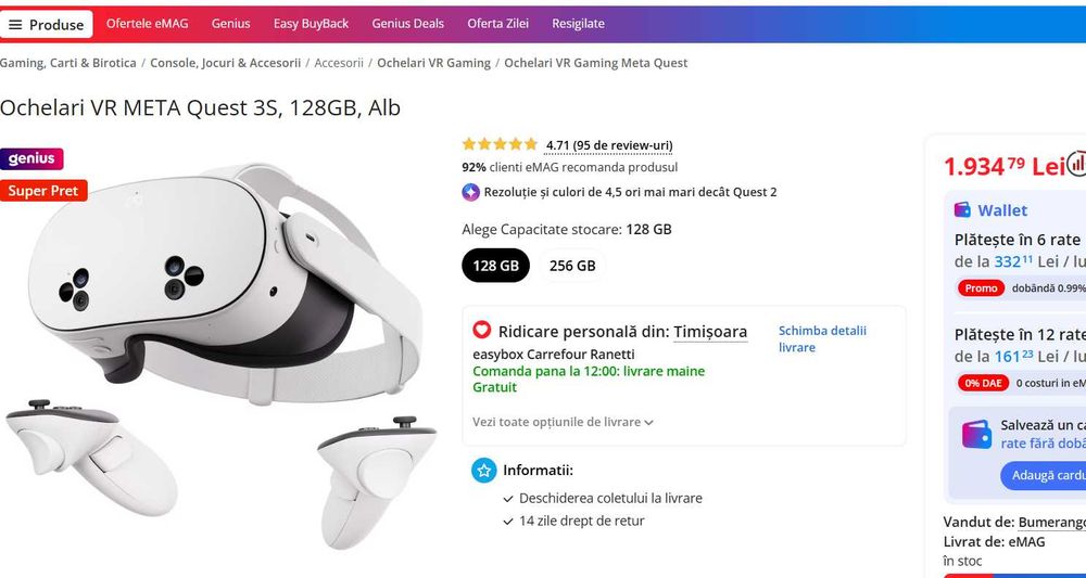 Ochelari VR META Quest 3S, 128GB, Alb