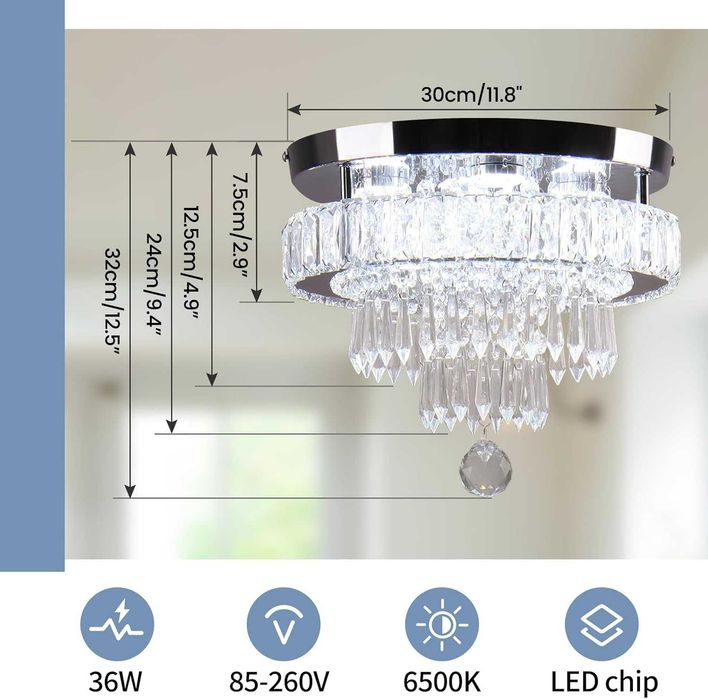 Candelabru LED 36W cu cristale K9 30cm, lumină albă 6500K