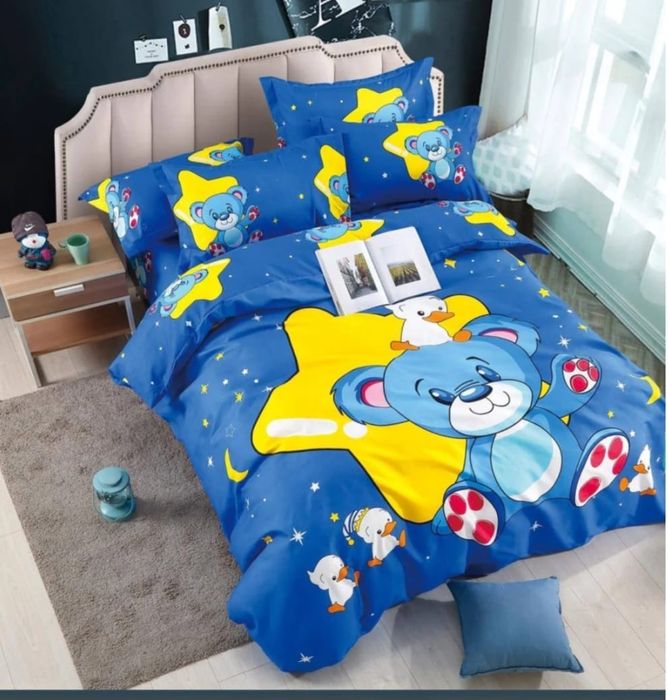 Lenjerie pat dublu, bumbac, finet, 6 piese, Bear albastru