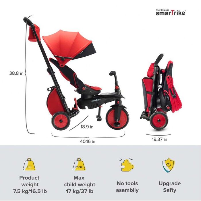Tricicleta pentru copii Smart Trike STR7 Rosu 7 in 1 ultrapliabila,  sistemTouch Steering, roti din cauciuc  varsta 6 luni+