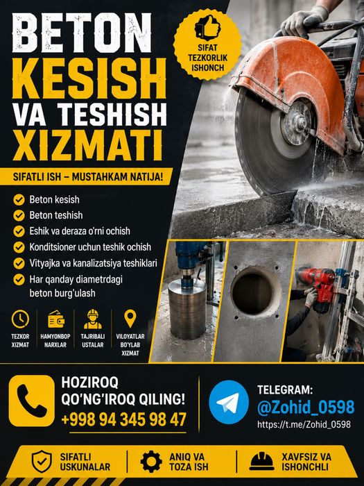 Beton kesish xizmati 24/7 aloqadamz