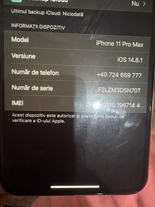 Iphone 11 pro max  de vanzare baterie buna singura problema este putin spart pe spate