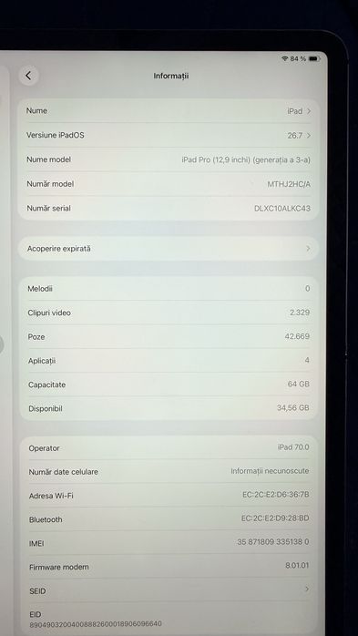 Tableta ipad pro 12.9 " gen 3 wifi+cellular 64gb 100% baterie 2020