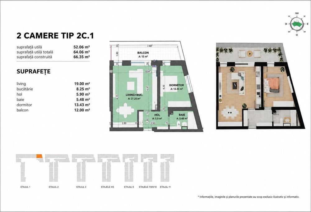 Apartament Bloc nou Tip 2C1 in Complex Doi Cocosi Residence
