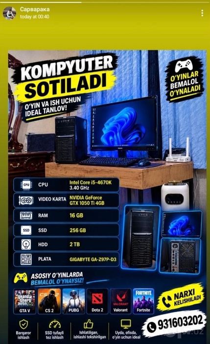 Gaming uchun mahsus kuchli harakteristikali pc