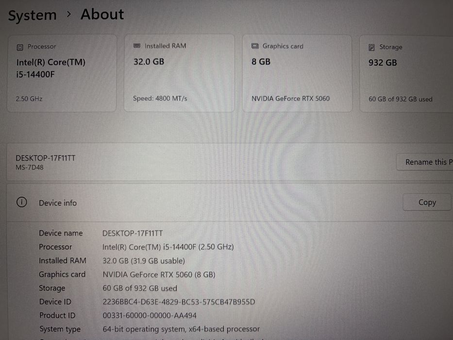 PC Gaming MSI cu  i5-14400F , RTX 5060 8G , 16-32 Gb DDR5  ; garantie eMag