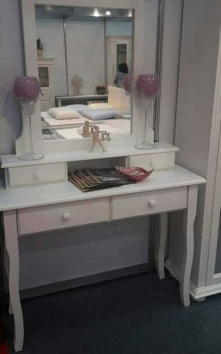 Masuta machiaj cu oglinda, lemn masiv, alb