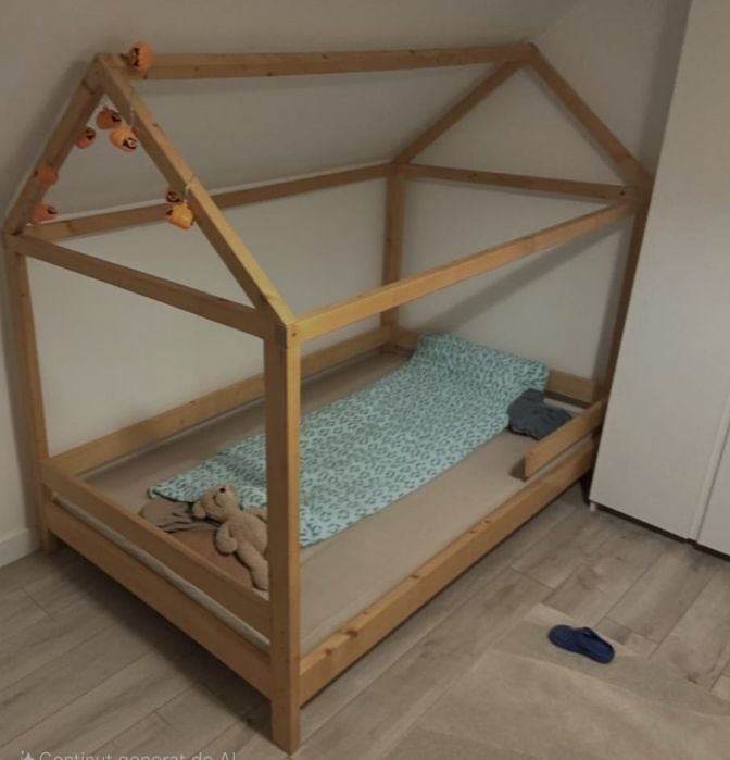 Pat casuta Motessori din lemn copii 120×200cm
