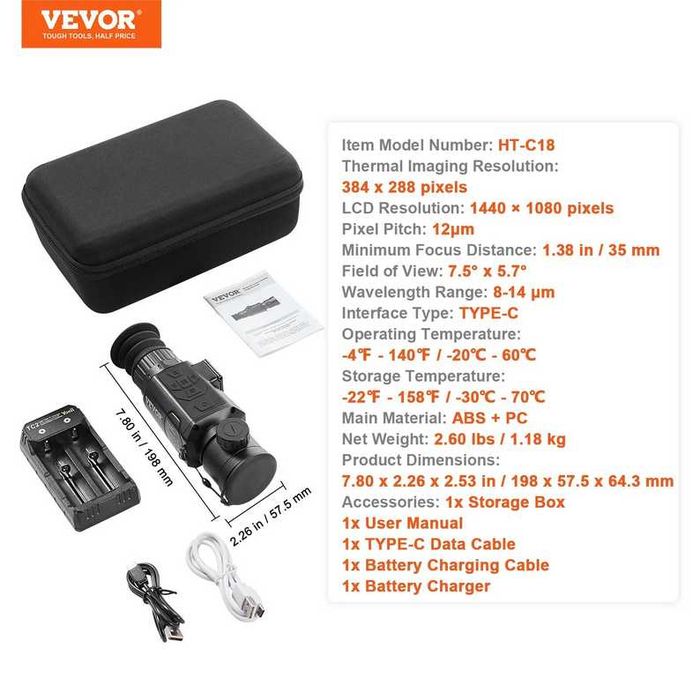 Термо монокъл VEVOR HT-C18, <40 mK, OLED дисплей  За нощно наблюдение, лов, инспекции и технически проверки