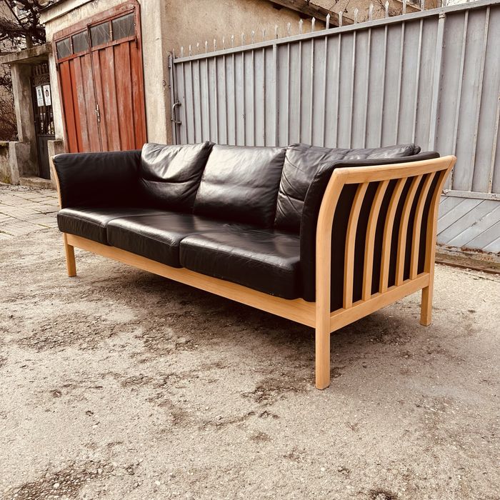 Датски 3-местен диван – естествена кожа, масив, скандинавски стил