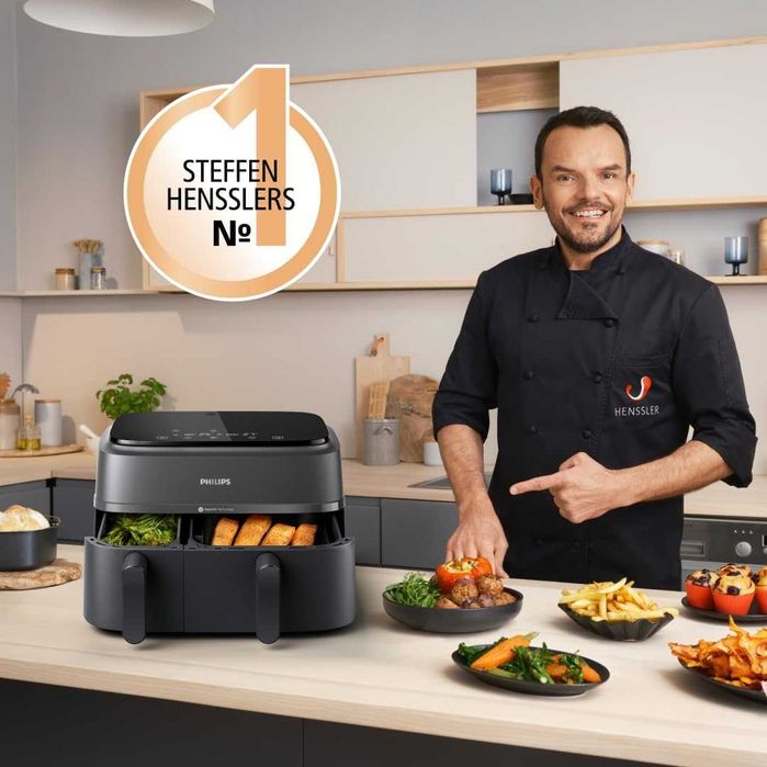 Фритюрник с горещ въздух Philips Airfryer Dual Basket 3000 Series, 9 л, 2 кошници (NA350/00)