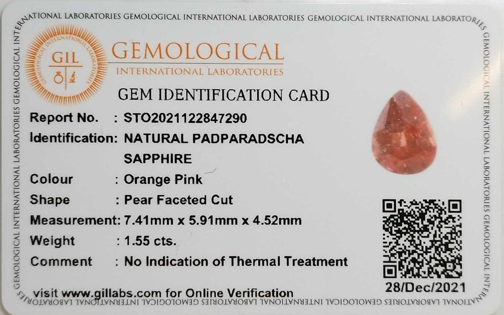 Рядък Ненагряван Падпараджа Сапфир 1.55кт с Цвят на Лотос при Залез!