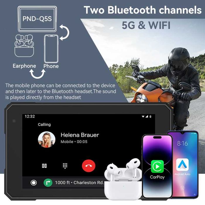 Навигация за мотор мултимедия за мотоциклет CarPlay / Android Auto Водойстойчива IP67 Мото дисплей екран