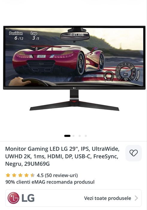 Monitor Gaming LED LG 29 IPS UltraWide UWHD 2K, 1ms USB-C FreeSync Negru 29UM69G