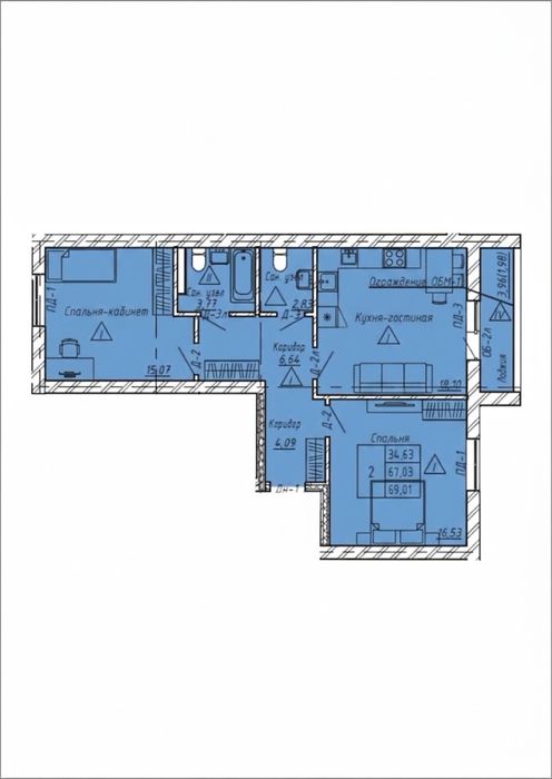 Продам 2-комнатную квартиру 69,01 м²
