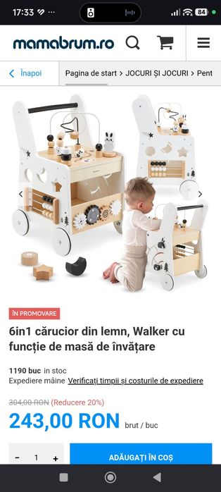 Antemergător / Cărucior bebe / copil, interactiv 6 în 1 din lemn Mamabrum – ca nou