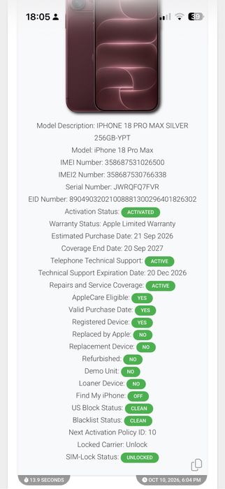 iPhone 18 Pro Max 256GB Silver ca Nou Sim Fizic Neverlocked  Alb