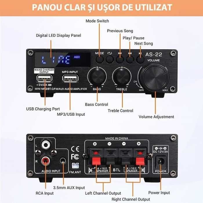 Amplificator audio bluetooth,300W,USB/RCA/AUX/FM,telecomanda ,nou