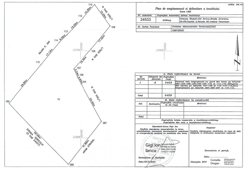 Vând teren 2.433mp intravilan sat.Sericu/Blejești/TR