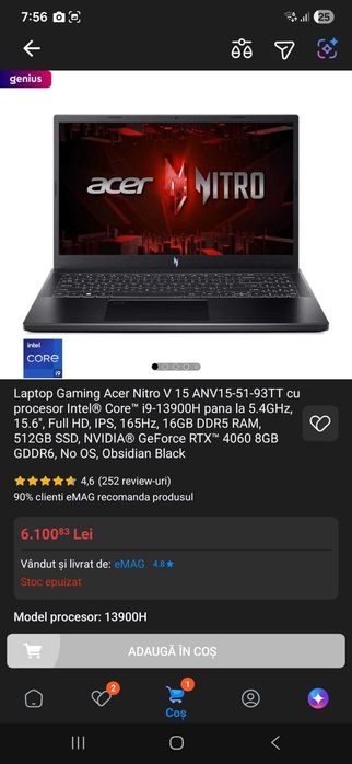 Laptop gaming anv 15-51 i9 13900h 16gb ram ddr5 rtx 4060 ssd Nvme 500 gb + cooler laptop inclus+garantie extinsa