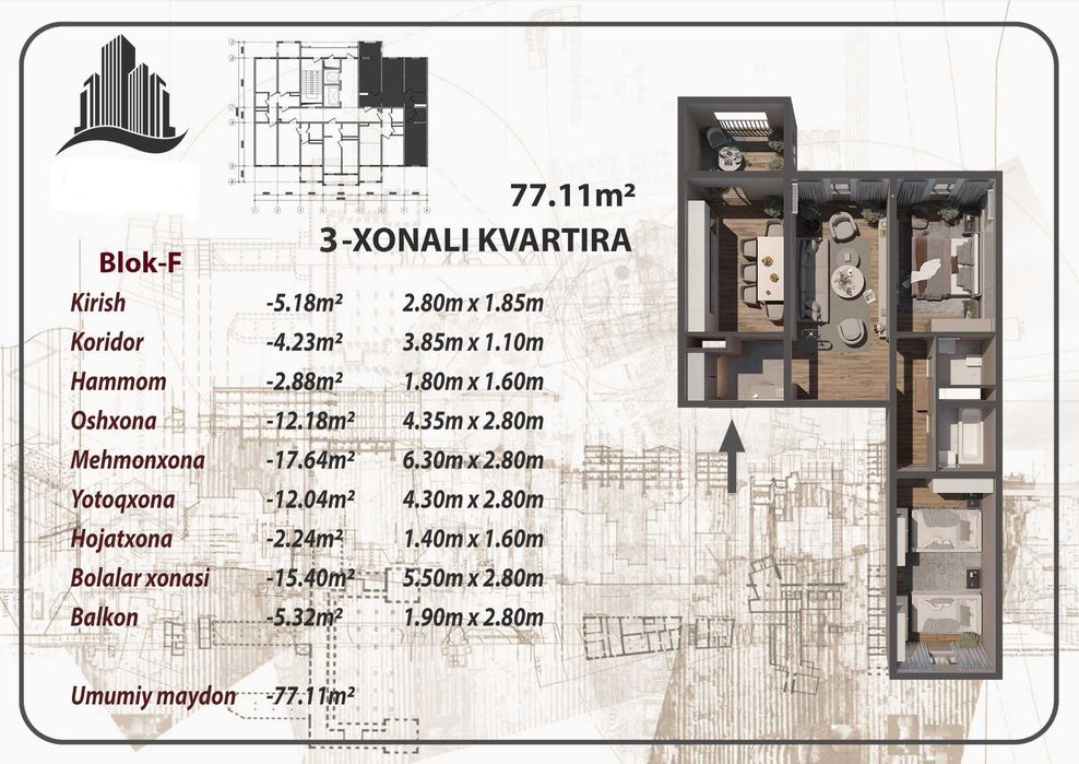 СРОЧНО 3х комнатная квартира 77,11m/kv за 60 000у.е с евро-ремонтом(88