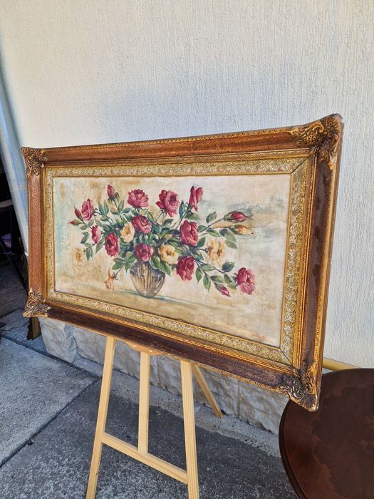 Натюрморт голям антикварен масло платно автор рамка