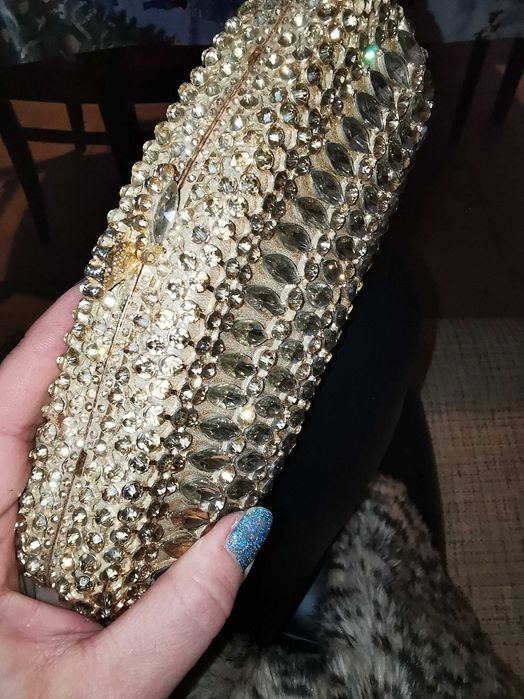 Geanta de mana, clutch cu cristale, auriu
