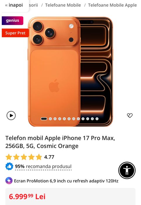 Apple iPhone 17 Pro Max, 256GB, 5G, Cosmic Orange. Sigilaf Constanta ...